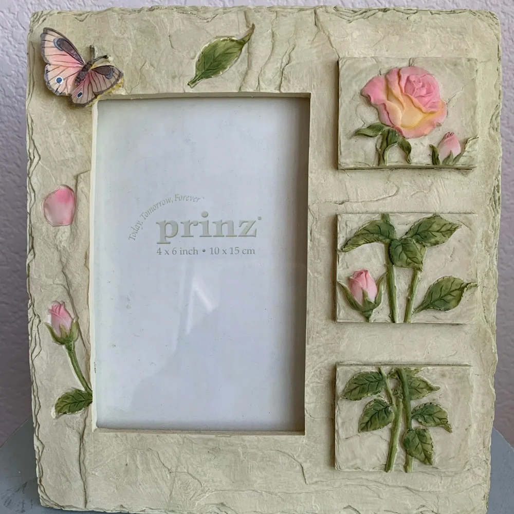 VINTAGE PRINZ Pink Flower Frame Yesterday Today Tomorrow Pink Green Cream Tan
